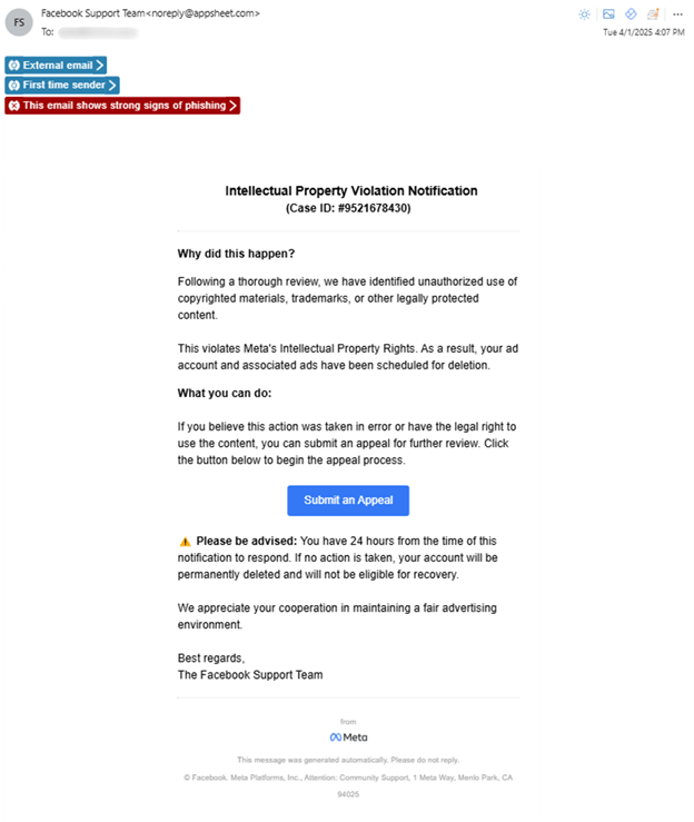  Screenshot einer Phishing-E-Mail, die sich als Meta ausgibt und über AppSheet mit KnowBe4-Anti-Phishing-Bannern verschickt wird. (Bild: @Knowbe4)