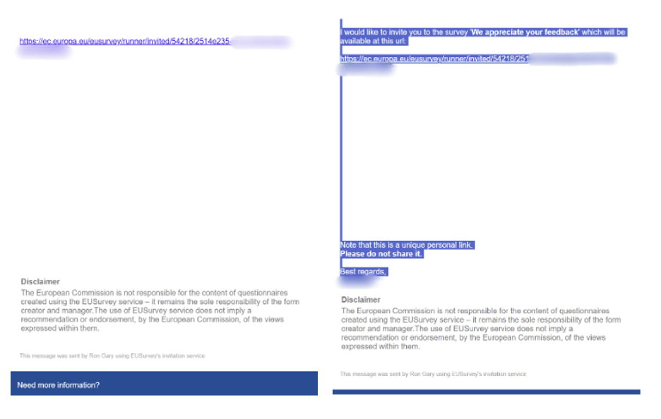 Screenshots des legitimen Teils der Phishing-E-Mail mit verstecktem weißen Text und dem legitimen EUSurvey-Link nebeneinander (Bild: @KnowBe4 Threat Lab)