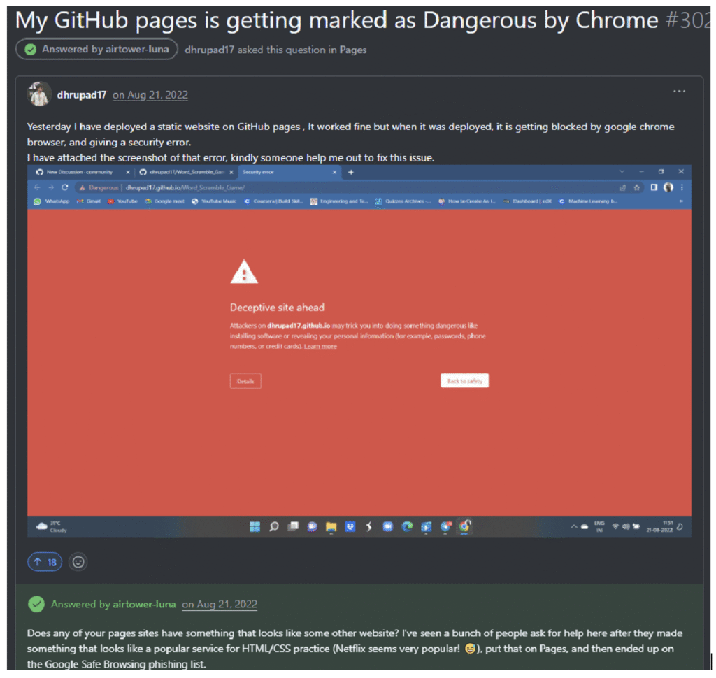 GitHub Abuse Engine: Nutzer, der eine statische Seite für ein Projekt gebaut hat, die sofort nach dem Ausrollen geblockt wurde (Bild: Check Point).