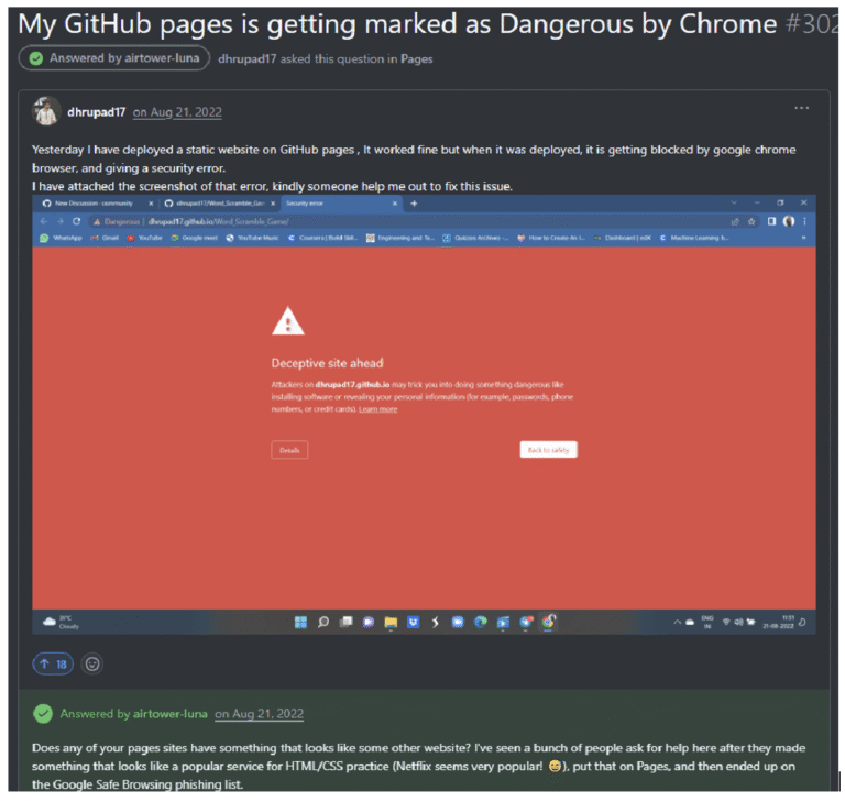 GitHub Abuse Engine: Nutzer, der eine statische Seite für ein Projekt gebaut hat, die sofort nach dem Ausrollen geblockt wurde (Bild: Check Point).