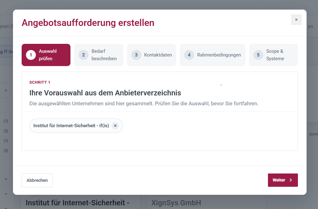 Screenshot: Ihre Vorauswahl aus dem Anbieterverzeichnis im Formular