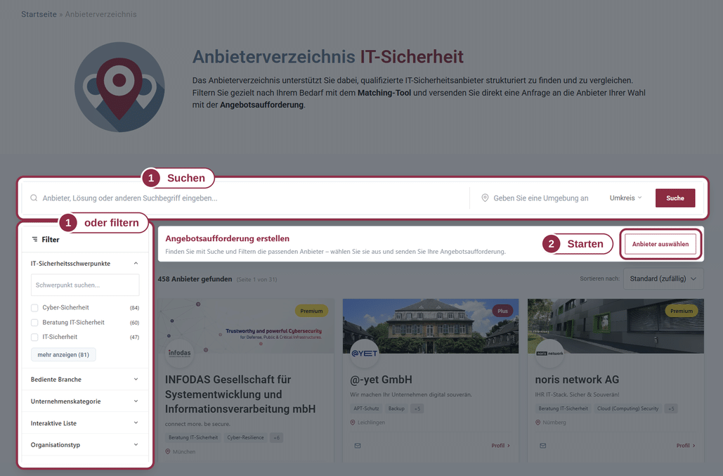 Screenshot des Anbieterverzeichnisses: 1 – Suchen oder filtern, 2 – über „Anbieter auswählen“ die Auswahl starten (hervorgehoben)