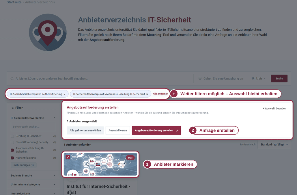 Screenshot des Auswahlmodus mit aktiven Filtern: 1 – Anbieter per Checkbox markieren (weiteres Filtern ist möglich, die Auswahl bleibt erhalten), 2 – Angebotsaufforderung erstellen (hervorgehoben)