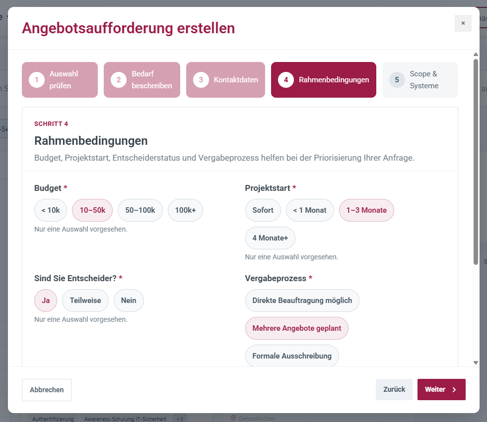 Screenshot Schritt 4: Rahmenbedingungen mit Budget, Projektstart, Entscheider und Vergabeprozess