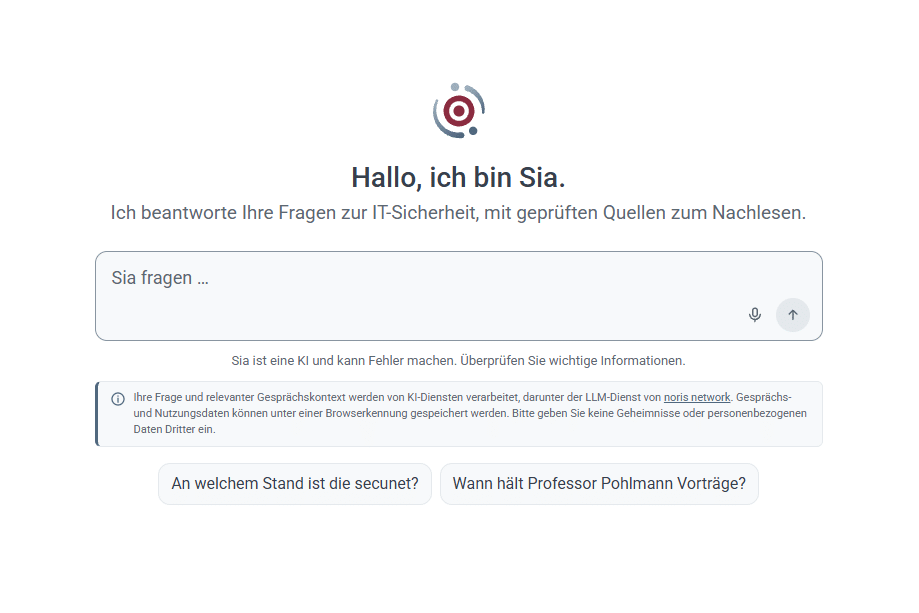 Screenshot der Sia-Oberfläche mit Begrüßung und Eingabefeld