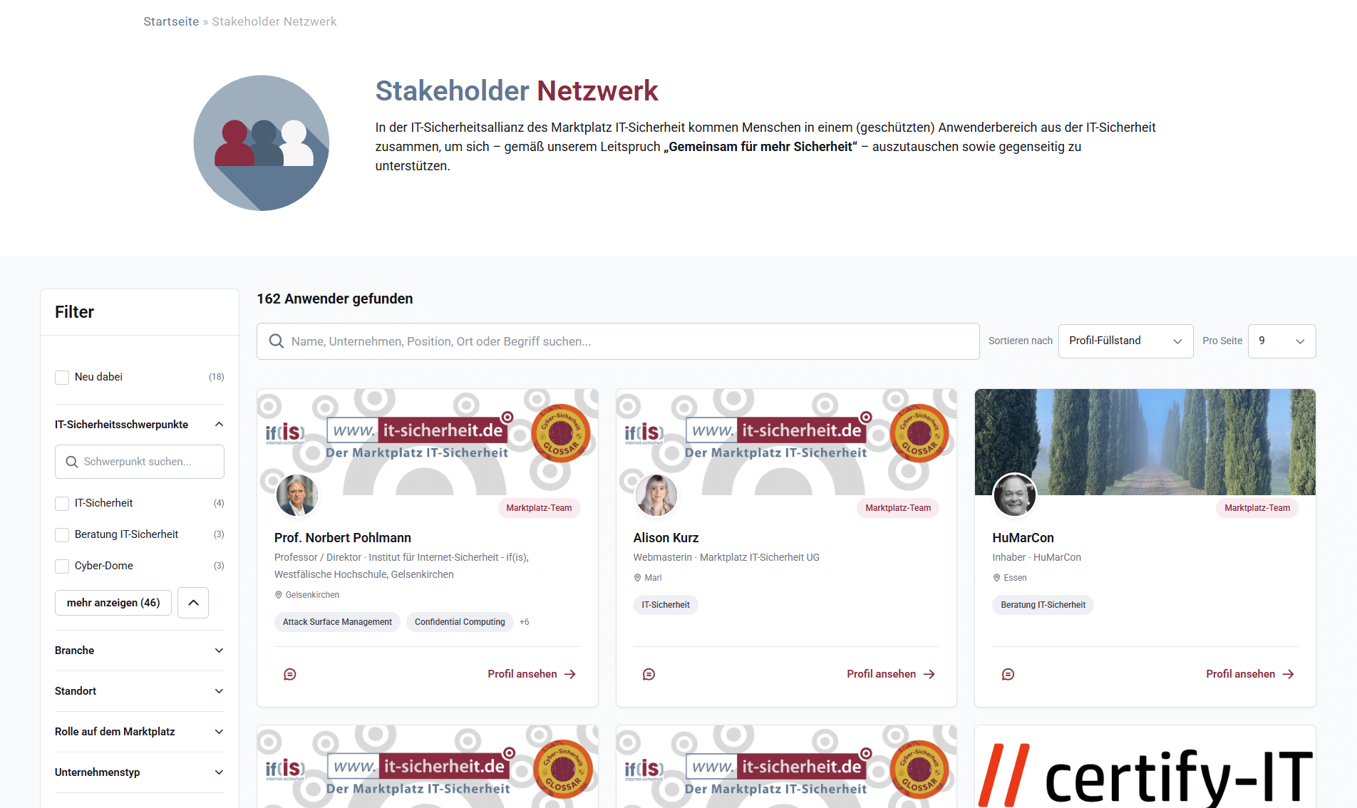 Screenshot des Stakeholder Netzwerks, einem Teil von Silianz, mit Filter und Profilkarten