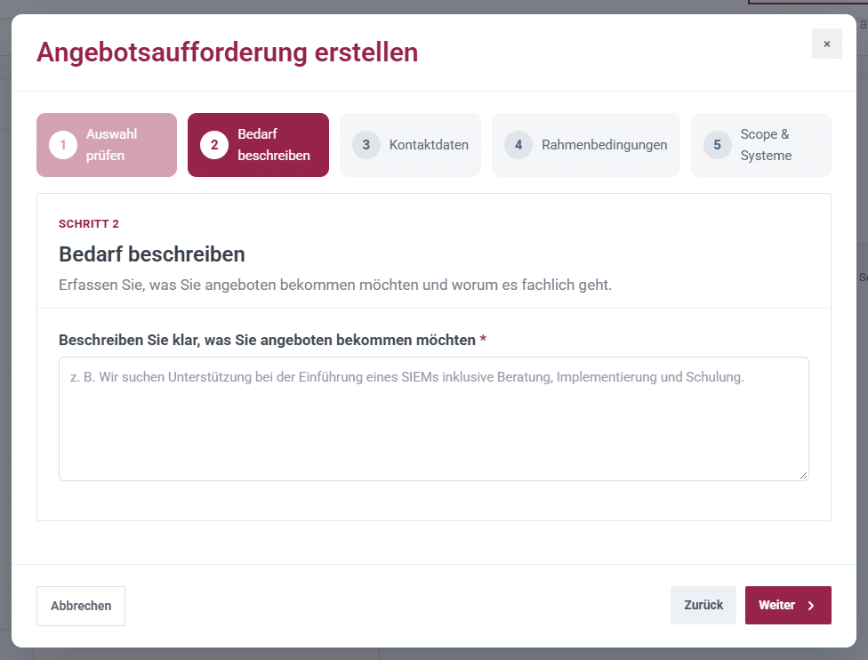 Screenshot Schritt 2: Bedarf beschreiben