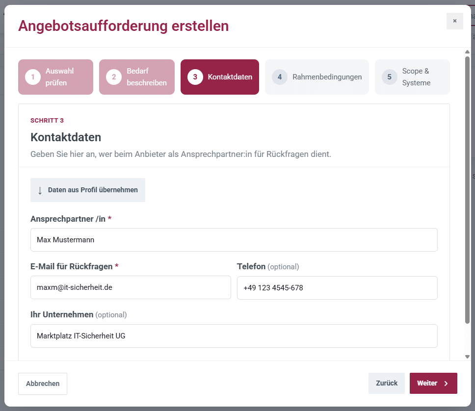 Screenshot Schritt 3: Kontaktdaten hinterlegen
