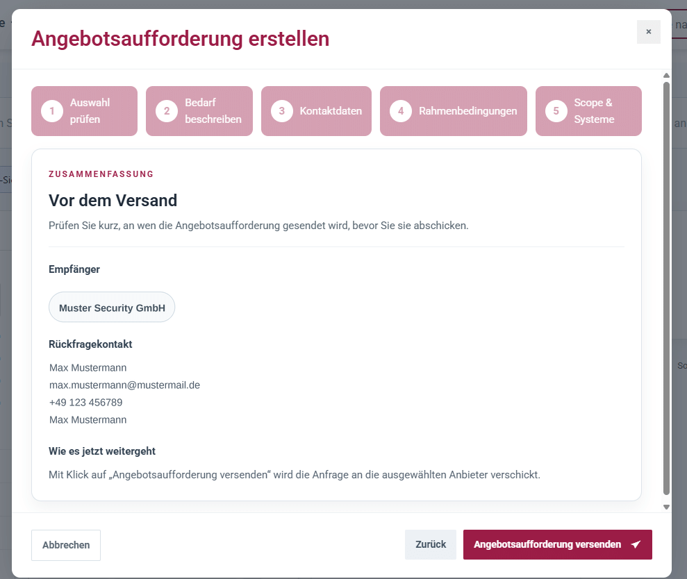 Screenshot der Zusammenfassung vor dem Versand